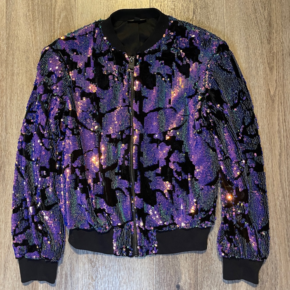 TOPSHOP Sequin Bomber Jacket - Purple and Black